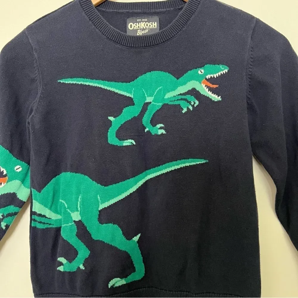 OshKosh B'Gosh Sweater Boys Size 8 Navy Blue Dinosaur Dino Crew Neck Cotton